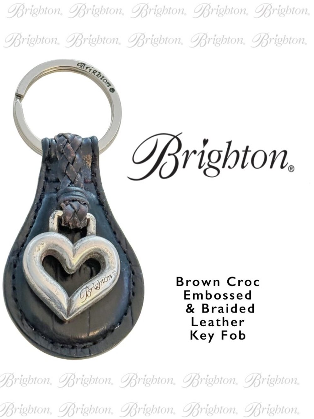 Brighton Black Croc Embossed Brown Braided Leather Silver Heart Key Chain Fob